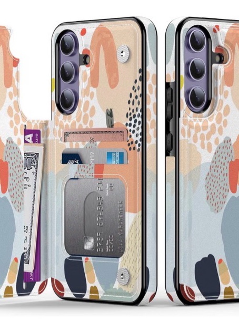 Stylish Abstract Print Wallet Phone Case with Card Slots - Peach & Blue  NIB